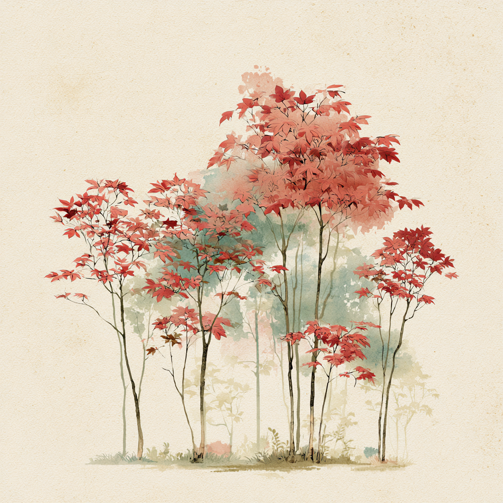 Ink and watercolor illustration of a grove of Japanese maples