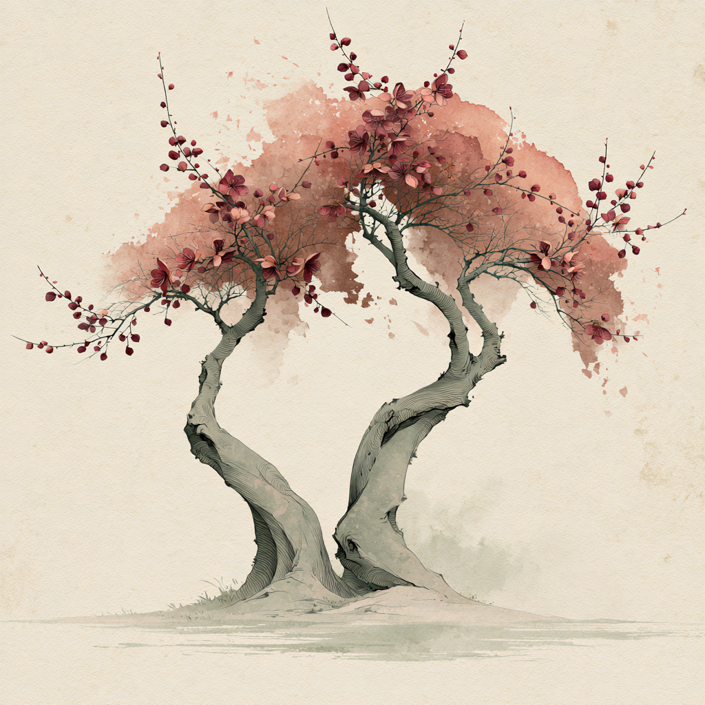 Ink and watercolor illustration of two blossoming trees grown together