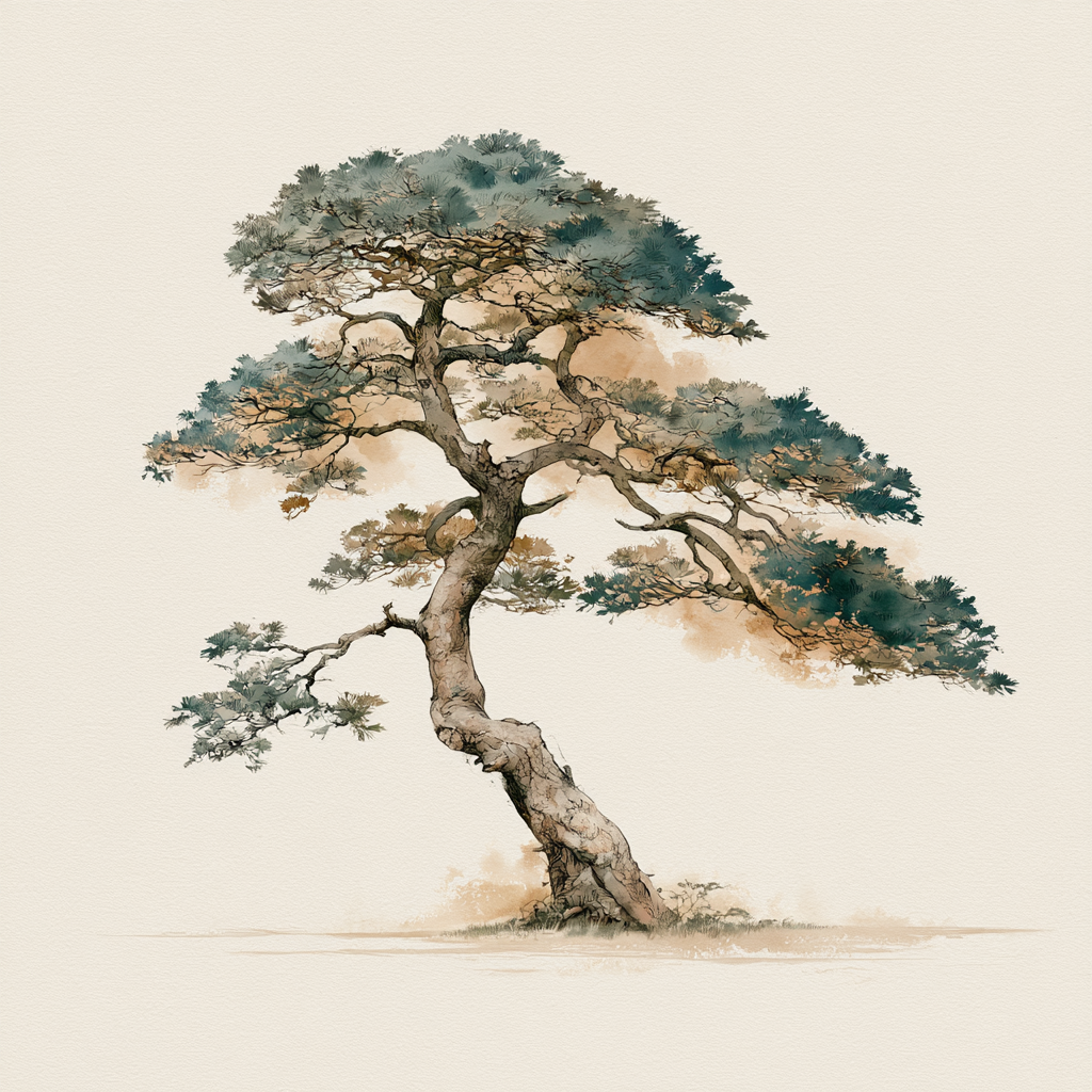 Ink and watercolor illustration of a solitary pine tree